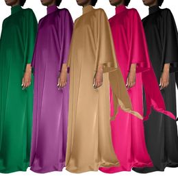 2024 Spring Muslim Full Sleeve Women's Dress High-Neck Loose Swing Middle Eastern Satin Long Dresses Suitable 240415