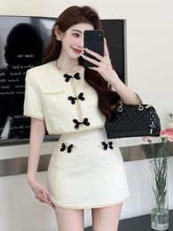 Work Dresses Summer Small Fragrant Women Fashion Suits Two Piece Sets Chic Bow Single-Breasted Short Coat Elegant Mini Bodycon Skirt