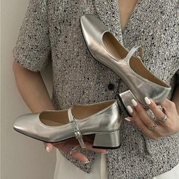 Casual Shoes Comemore Silver For Girls Women's Chunky Heel Mary Jane Shoe 2024 Autumn Low Leather High-heeled Sandals Pumps