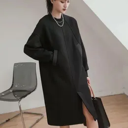 Casual Dresses Autumn Winter Black Split Hoodies Dress For Women Loose Round Neck Long Sleeved A-line Streetwear Robes Q829