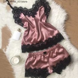 Sexy Set lace satin Pyjama set for womens Babydoll V-neck elastic lingerie bow shoulder strap vest top evening gown Q240426