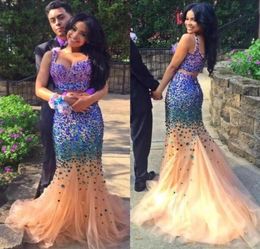 Tank Straps Blue Rhinestones Two Piece Dresses Evening Dresses Mermaid Floor Length Ruffles Champagne Tulle Prom Party Gowns Glitt8534595