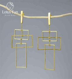 Lotus Fun Real 925 Sterling Silver Fine Jewellery Fashion Elements 18K Gold Geometic Rectangular Design Dangle Earrings for Women 215823867