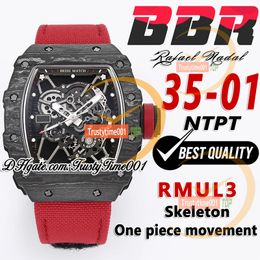 BBR 35-01 RMUL3 Mechanical Hand-winding Mens Watch NTPT Carbon fiber Case Skeleton Dial Red Braided Nylon Strap Super Edition Sport Trustytime001 Watches Hombre