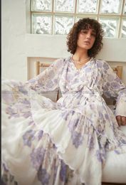 Casual Dresses 2024 Bohemian Style V Neck Flare Sleeve Floral Print Scalloped Lace Embroidery Women's Silk Maxi Long Dress