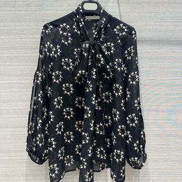 2024 Summer Black Print Ribbon Tie Bow Silk Blouse Shirt Long Sleeve Round Neck Classic Soie Top Shirts Z4A246977