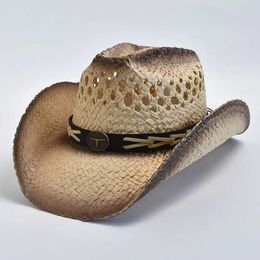 Wide Brim Hats Bucket Hats Natural Straw Western Cowboy Hat for Women Men Summer Curling Brim Beach Sun Hats Shapeable Straw Hat Y240425