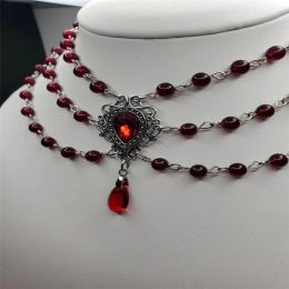 Necklaces Victorian,Renaissance,Romantic,Classic Choker,Handmade Gothic Garnet Red Glass Crystal Beaded Necklace Costume Vampire Jewellery