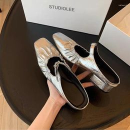 Slippers Leather - French Silver Black Square Ballet Shoes Female Baotou Half Summer Wear Thick Heel Sandals