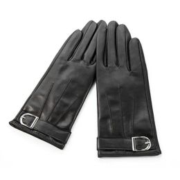 Real Leather Women Gloves Fashion Wrist Metal Buckle Thermal Autumn Winter Classic Black Sheepskin Driving Gloves Female