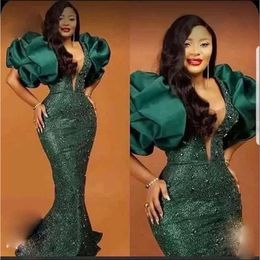 Dark Aso Green Prom Ebi Dresses With Puff Sleeves Beads Sequined Mermaid Evening Gowns Plus Size Special Ocn Party Dress For African Women Black Girls 2021