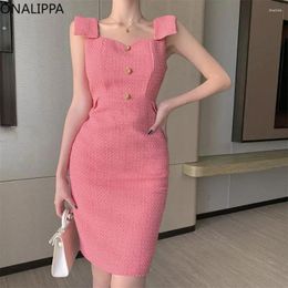 Casual Dresses Onalippa Small Fragrance Pink Mini Dress For Women Square Collar Tweed Hip Vestidos Korean Chic Celebrity Style Party
