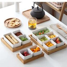 Plates Japanese Ceramic Fruit Plate Dessert Pudding Bowl Natural Bamboo Wood Tray Candy Snack Storage Compartment Salad