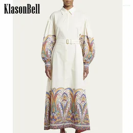 Casual Dresses 2.23 KlasonBell Elegant Vintage Print Long Sleeve With Belt Dress Cotton Breathable Holiday Beach Maxi Women Clothes