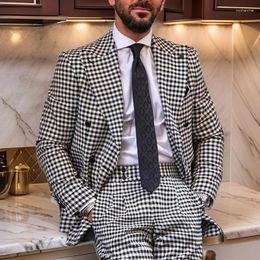 Men's Suits Houndstooth Men For Wedding 2024 Plaid Slim Fit Groom Tuxedo Double Breasted Bridegroom Suit 2 Pcs (Jacket Pants)