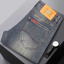 End High Jeans Mens Autumn and Winter Thick Fitting Straight Tube Embroidery Elastic Smoke Grey Fashion Brand Versatile Youth Pants for Men