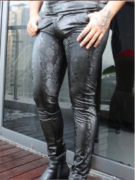 Pants Men Snake Skin Texture PU Leather Lining Fleeces Skinny Bottoms Pencil Pants Velvet Legging Warm Motorcycle Punk Casual Trousers