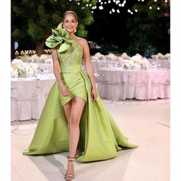 Chic Stunding Sage Flowers Evening Halter Beads Sequins Backless Short Sheath Satin Prom Dresses For Women Girl Celebrity Party Special Ocn Gowns