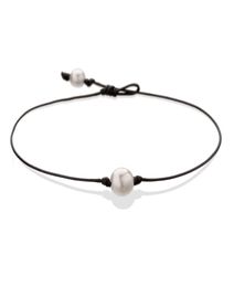 Pearl Single Cultured Freshwater Pearls Necklace Choker for Women Genuine Leather Jewelry Handmade Black 14 inches8389374