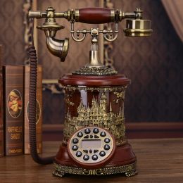 Accessories Button Dial Retro Solid Wood Telephone Landline Phone Bronze Building Pattern with Caller ID Backlit Handsfree for Home