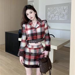 Work Dresses Korean Fashion Retro Plaid Thickened Woollen Short Coat Elegant Autumn Sweet Cute Style Mini Skirt Suit 2 Piece Sets Women