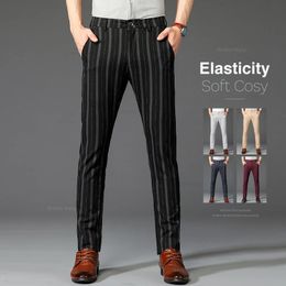 Brand Mens Striped Casual Pants Spring Comfortable Elastic Business Slim Straight British Fashion Trousers Black Khaki Wine Red 240425