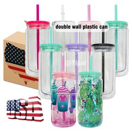 BPA free 12oz inner 16oz outer double wall clear snow globe 12oz plastic can acrylic plastic cups double walled plastic soda coffee beer can with pre-drilled hole