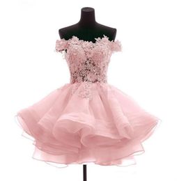 2019 Off the Shoulder Short Cocktail Party Dress cortos Handmade Flowers Organza Prom Party Gowns 75897226148496