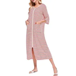 Women's Sleepwear Night Dress Women 2024 Loose Fit Striped Sleep With Three Quarter Sleeves Autumn/Winter Loungewear Plus Size