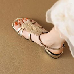 Casual Shoes 2024Summer Women Sandals Vintage Design Gold Flats Thin Strap Gladiator Fashion Lady Silver Beach Sandalias Femininos Sapatos