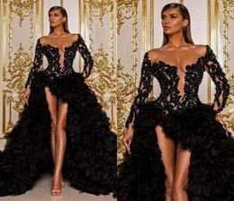 2020 Black Arabic Aso Ebi Prom Dresses Long Sleeve Lace Beaded High Low Celebrity Evening Gowns Illusion Ruffles Formal Party Dres6295468