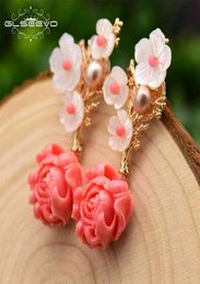 GLSEEVO Real 925 Sterling Silver Pink Coral Drop Earrings White Pearl Natural Stone Shell Flower Dangle GE0024 2106247588511