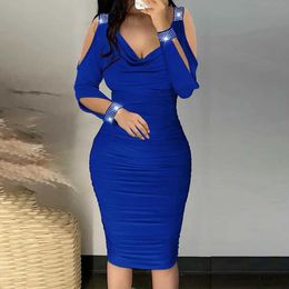 Basic Casual Dresses Women Sheath Dress Hollow Out Pleated Deep V Neck Solid Colour Knee Length Bodycon Tight Elastic Soft Party Club Mini Dress