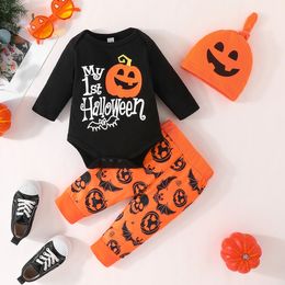 Boys and girls baby Halloween letter long sleeve sleeve shirt + pumpkin pattern pants + hat suit