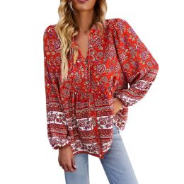 Shirt Vintage Floral Print Boho Shirts For Women Pullover Bohemian Beach Long Sleeve V Neck Shirts And Blouses Loose Tunic Tops Camisa