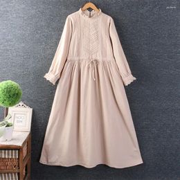 Casual Dresses Mori Girl Sweet Ruffles Collar Dress For Women Long Sleeve Solid Color Cotton Linen Loose Spring Summer