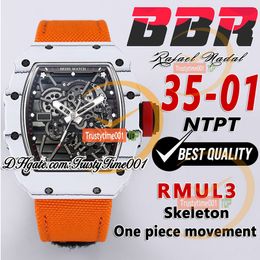 BBR 35-01 RMUL3 Mechanical Hand-winding Mens Watch White NTPT Carbon Fibre Case Skeleton Dial Orange Braided Nylon Strap Super Edition Sport Trustytime001 Watches