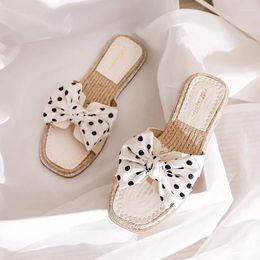 Slippers Summer Shoes Polka Dot Bow Women Flat Heel Crystal Beading Flip Flops Comfy Straw Weaving Beach Sandals Big Size 43