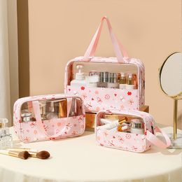 Printed Splicing Cosmetic Bag Pvc Transparent Waterproof Toiletry Bag Pu Bath Handbag Large Capacity Travel Storage Bag