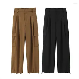 Women's Pants Autumn Trousers 2024 Casual High-Waisted Wide-Legged Pockets Decorated With Work Model Pant