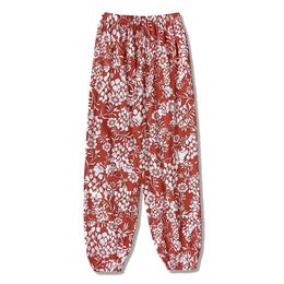 Ladies spring and summer thin casual pants red flower print can be worn home air conditioning pants beach sunscreen pants