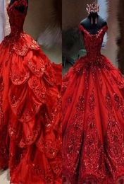 2022 Luxury Sexy Dark Red Bling Quinceanera Ball Gown Dresses Off Shoulder Sequined Lace Appliques Ruffles Crystal Open Back Long 8917833