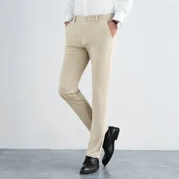 Men's Pants England Style Fashion Simple Elegant High Elastic Men Solid Zipper Pocket Button Spring Straight Ice Silk Casual Trousers