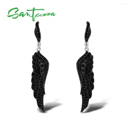 Stud Earrings SANTUZZA Silver For Women Pure 925 Sterling Black Spinel Angel's Wing Elegant Brincos Dangling Fine Jewelry