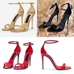 Leathe Patent Stiletto Heels Sandals 10.5cm Dress Heel for Women Summer Designer Gold Mirror Face Ankle Strap Wedding Party Heeled Shoes with Box ed