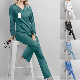 Women Uniform Set Long Sleeve Nurse Workwear Beauty Salon Work Clothe Slim Fit Scrub Shirt Unisex Nursing 240418