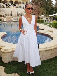 Casual Dresses Foridol Deep V Neck White Party Summer Dress Women Sleeveless Midi Tank Vestidos Mujer Slim Fashion Sundress Beach 2024