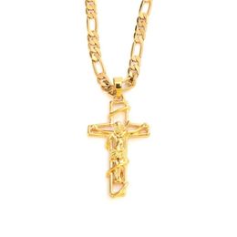 Pendant Necklaces K Solid Fine Yellow Gold GF Mens Jesus Crucifix Cross Frame 3mm Italian Figaro Link Chain Necklace 60cmPendant268E