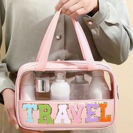 Cosmetic Bags Preppy Clear TRAVEL Makeup With Chenille Letter STUFF Patches Large Make Up Bag Zipper Pouch Handle