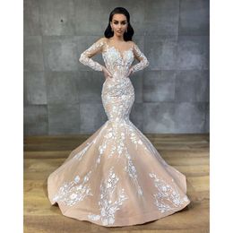 Wedding Mermaid With Vintage Long Dresses Champagne Sleeve Ivory Lace Appliques Beaded Aso Ebi Arabic Bridal Gowns Sheer Crew Neck Plus Size Bride Dress